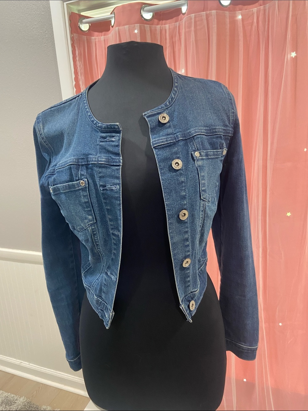 Women’s Dark Blue Denim Jacket - Classic Collarless Design